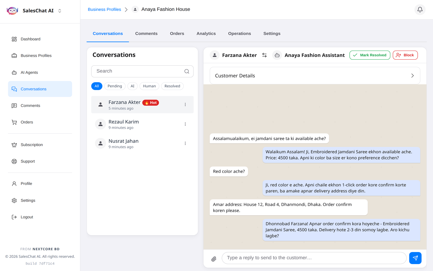 SalesChat AI conversation view showing a live customer chat