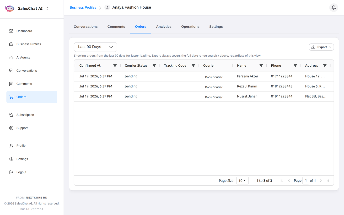 SalesChat AI orders page listing confirmed customer orders
